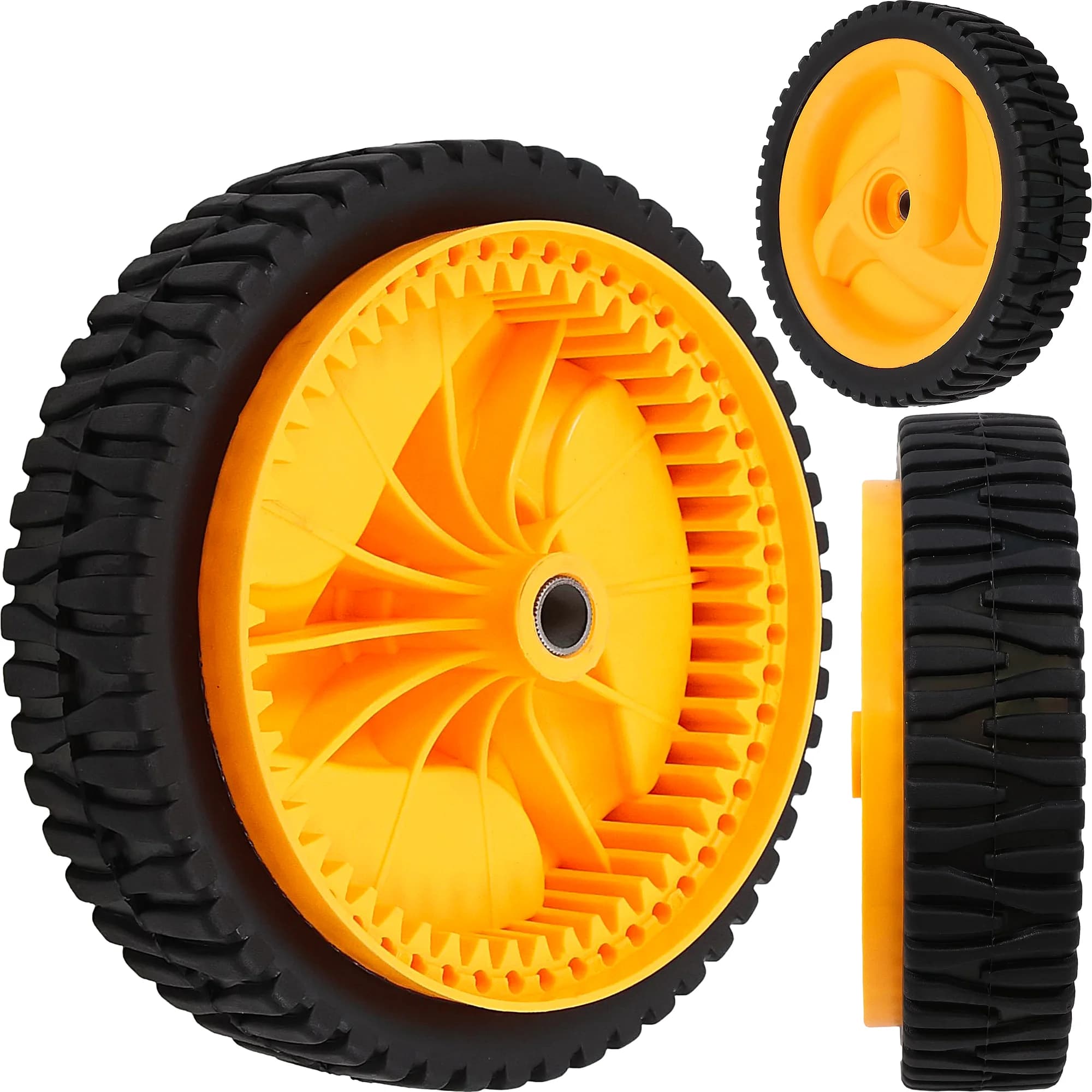8-inch Lawn Mower Wheel with Complete Rubber Tire, Black Rubber Tire with Orange PP Hub, with Two Iron Bushings, Hole Size 12.7 mm